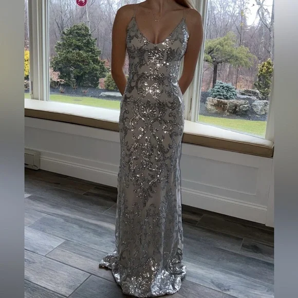 silver prom dress windsor Windsor Silver and Beige Maxi Prom Dress Size Small Elegant Prom Dress
